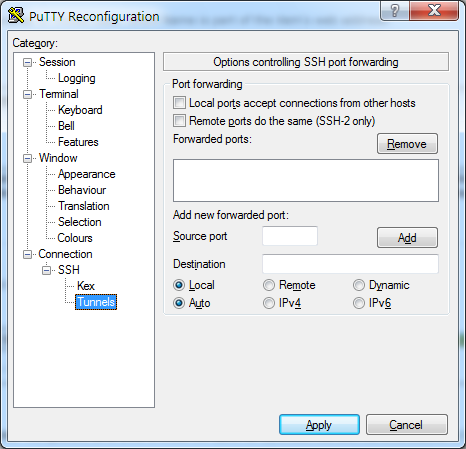 PuTTY tunnel config